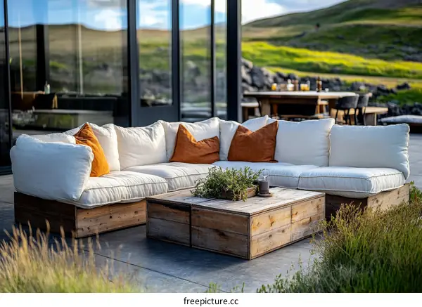 Modern Outdoor Sectional Sofa Set with Wooden Coffee Table