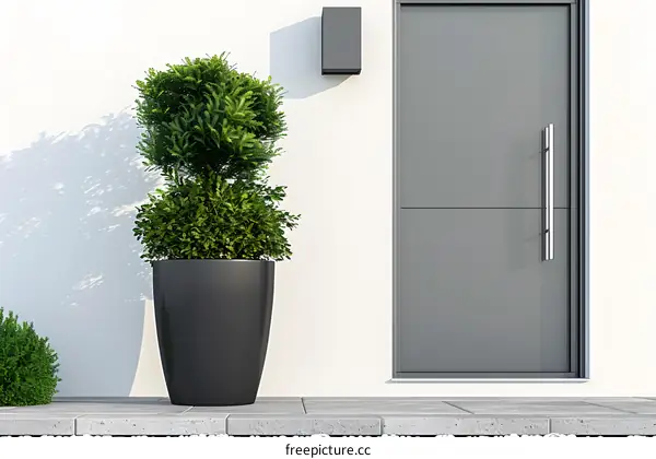 Modern House Exterior with Grey Door and Greenery