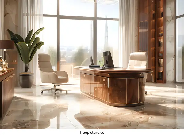Modern office interior with large windows and marble floor