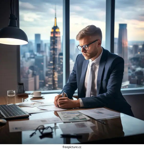 Businessman Working Late into the Night in City Office