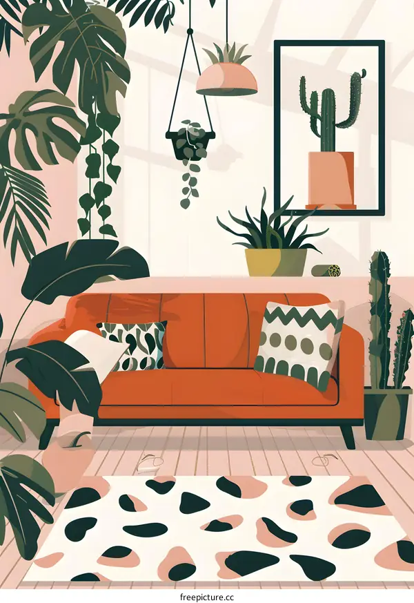 Living Room with Tropical Plants and Abstract Rug