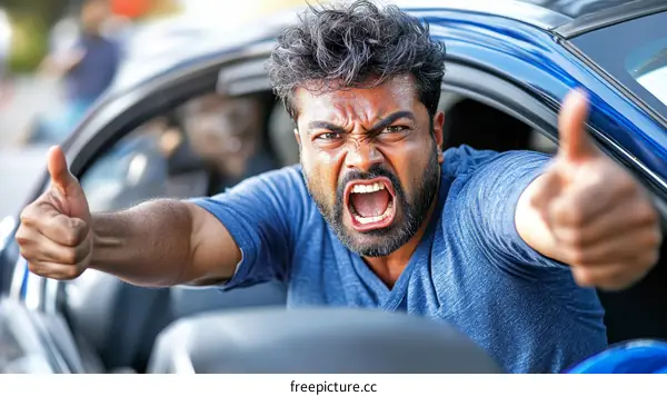 Angry Man Showing Thumbs Up in Car