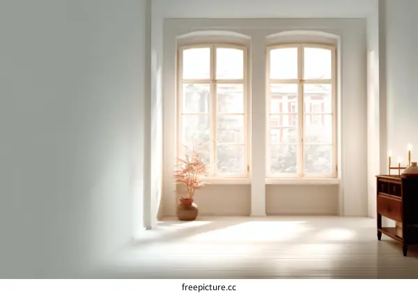 Empty room with large windows and sunlight