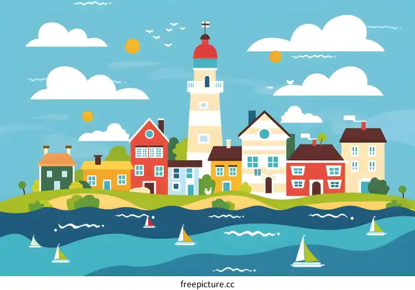 Colorful Illustration of a Coastal Town with Lighthouse