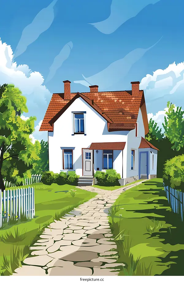 Stone Path Leading to a White House with a Red Roof