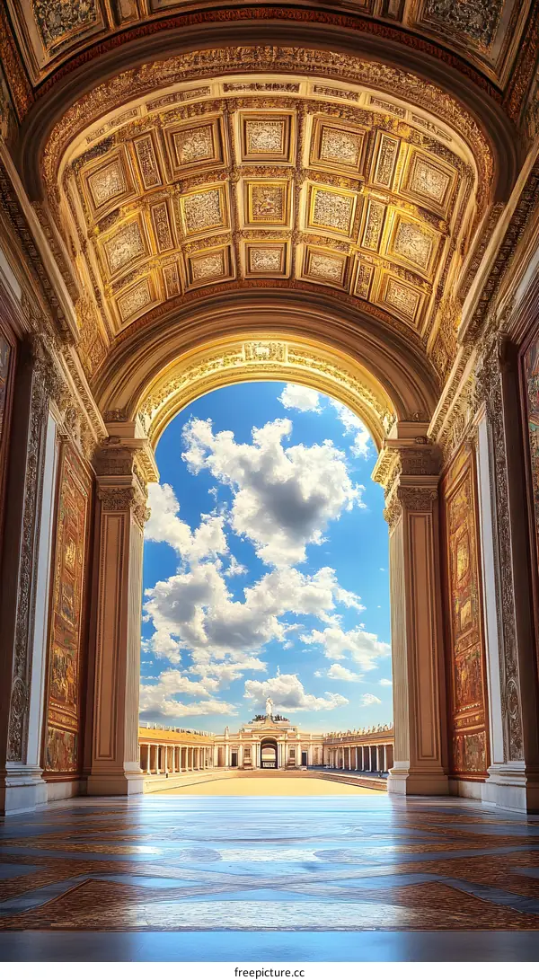 Archway Leading to a Courtyard with a Blue Sky and Clouds