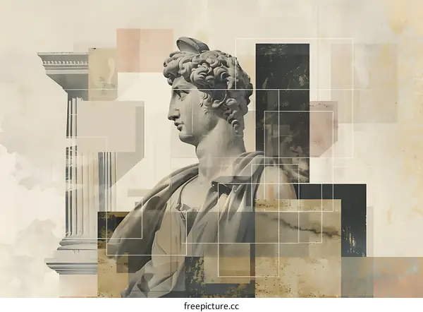 Abstract Collage With Ancient Roman Bust Sculpture And Column
