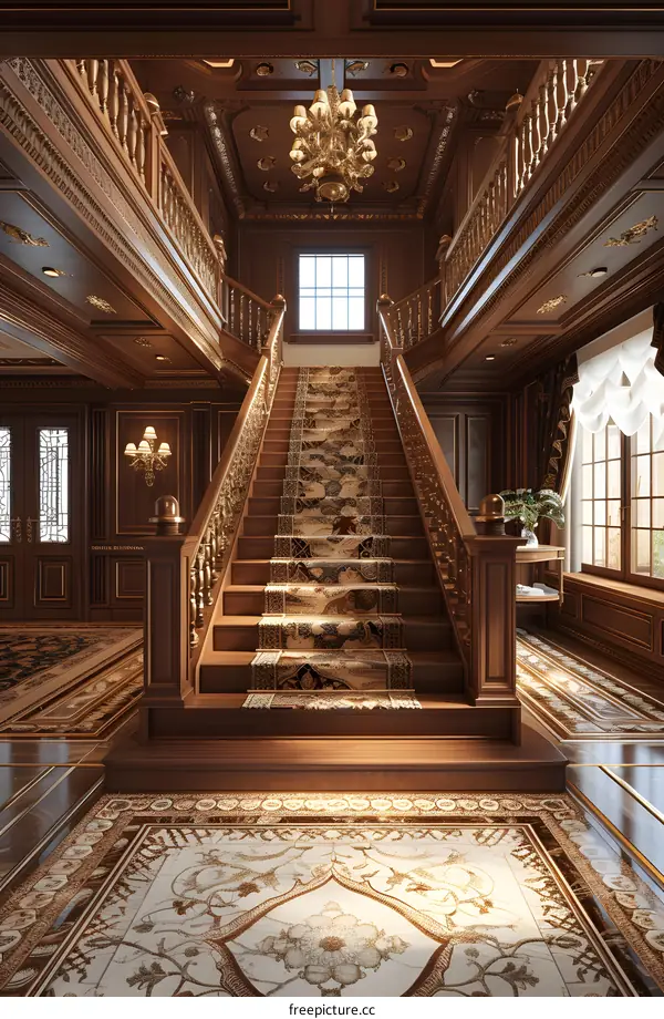 European style luxury living room interior with wooden staircase and marble floor