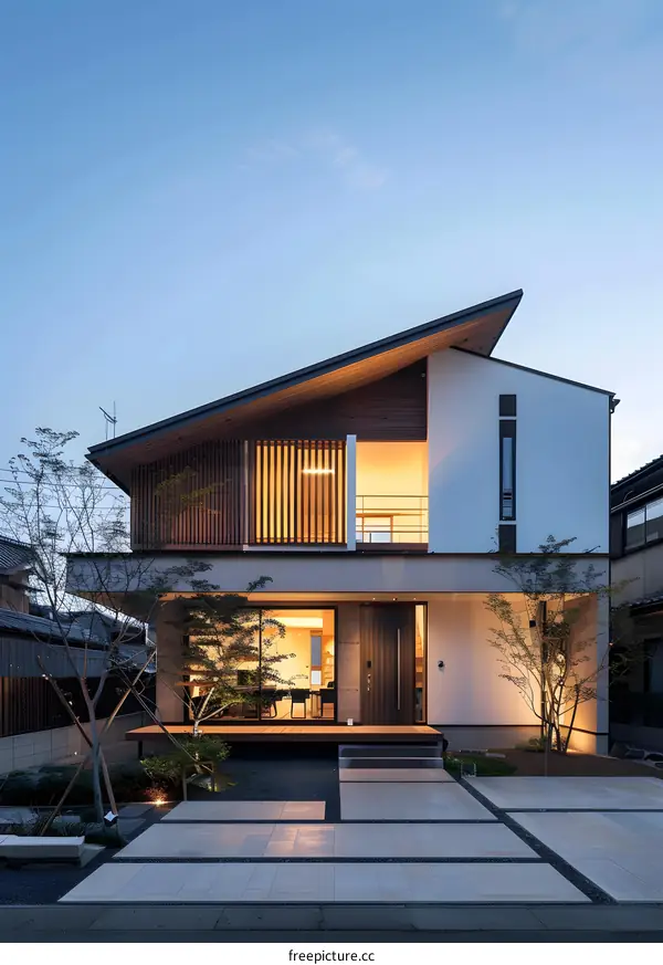 Modern Japanese Style House with Wooden Facade and Large Windows