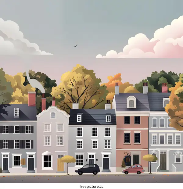 Autumn Street with Row of Houses Illustration