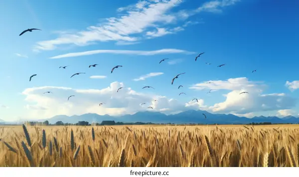 Birds Flying Over a Wheat Field