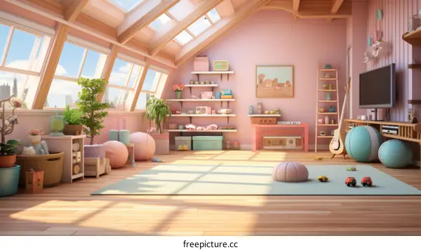 Cozy pink attic playroom with lots of toys and a big window