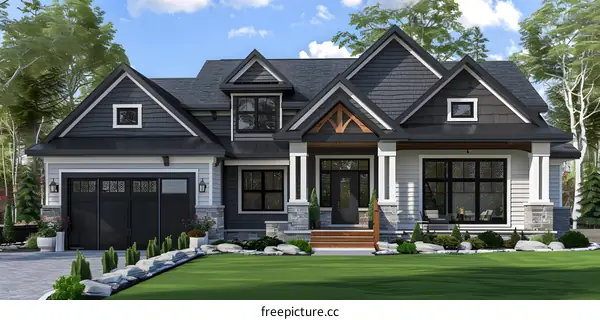 Modern Farmhouse with Black Roof and Stone Accents
