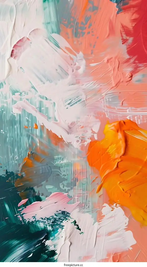Abstract Painting with Brushstrokes of Green Orange Pink and White