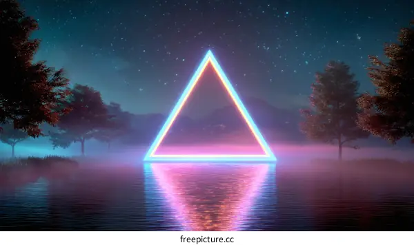 Neon Triangle in a Misty Night Landscape