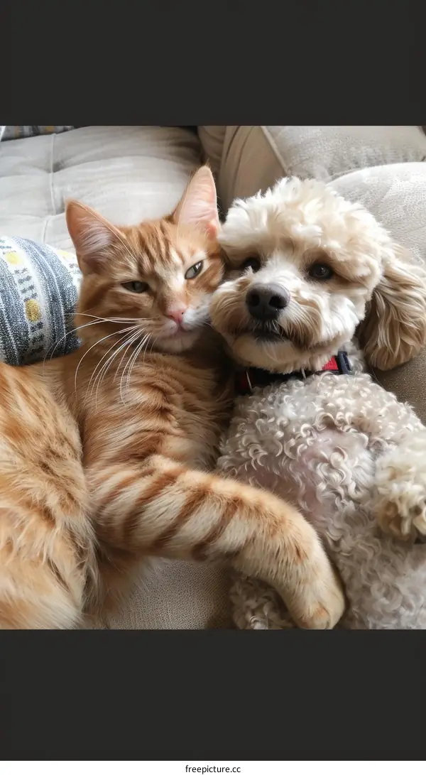 Orange cat and white dog cuddling on couch