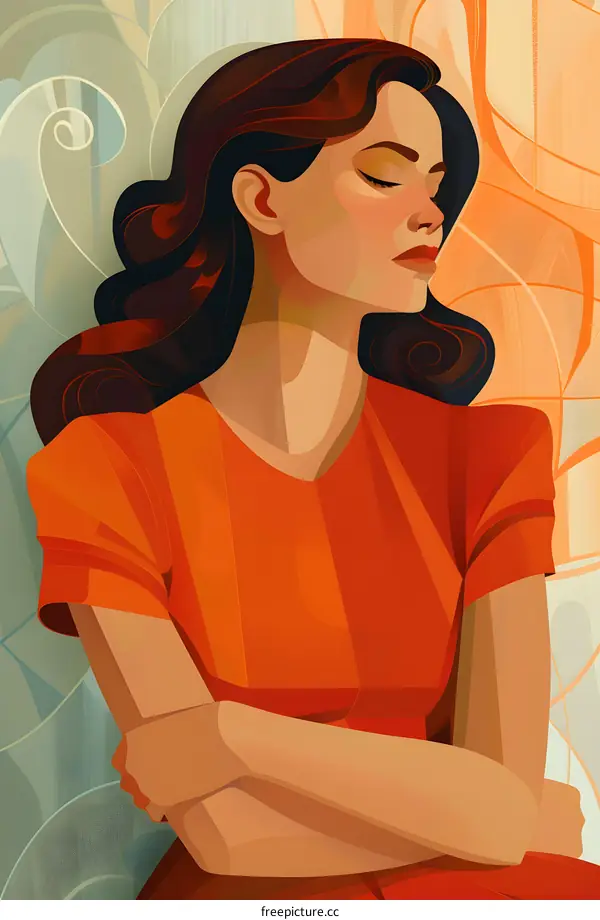 portrait of a young woman with brown hair wearing an orange dress