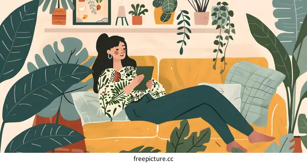 Woman Relaxing on a Sofa With Plants