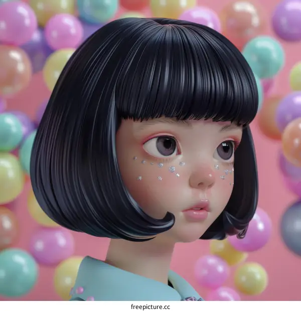 3D rendering of a young girl with short black hair and blue eyes