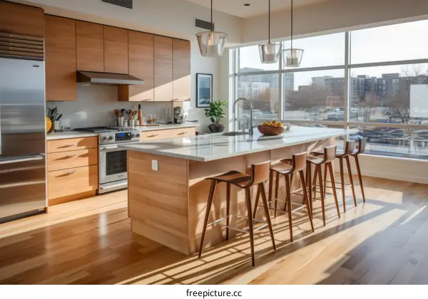 Modern kitchen with wood cabinets and stainless steel appliances