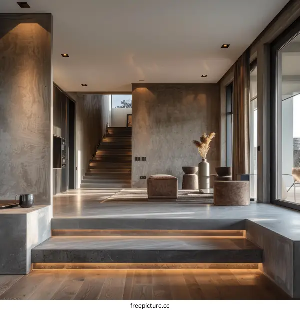 Modern Minimalist House Interior Design with Staircase and Large Windows