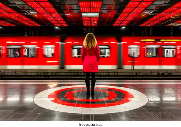 Woman in Red Coat Standing on Platform with Blurred Train in the Background