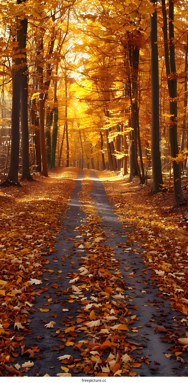 The golden path in the middle of the autumn forest
