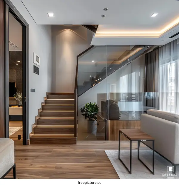 Modern Wooden Staircase with Glass Railing in a Residential Home