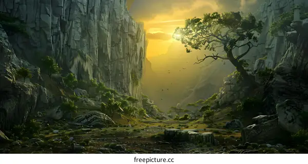 Fantasy Landscape With Cliffs And Tree At Sunset