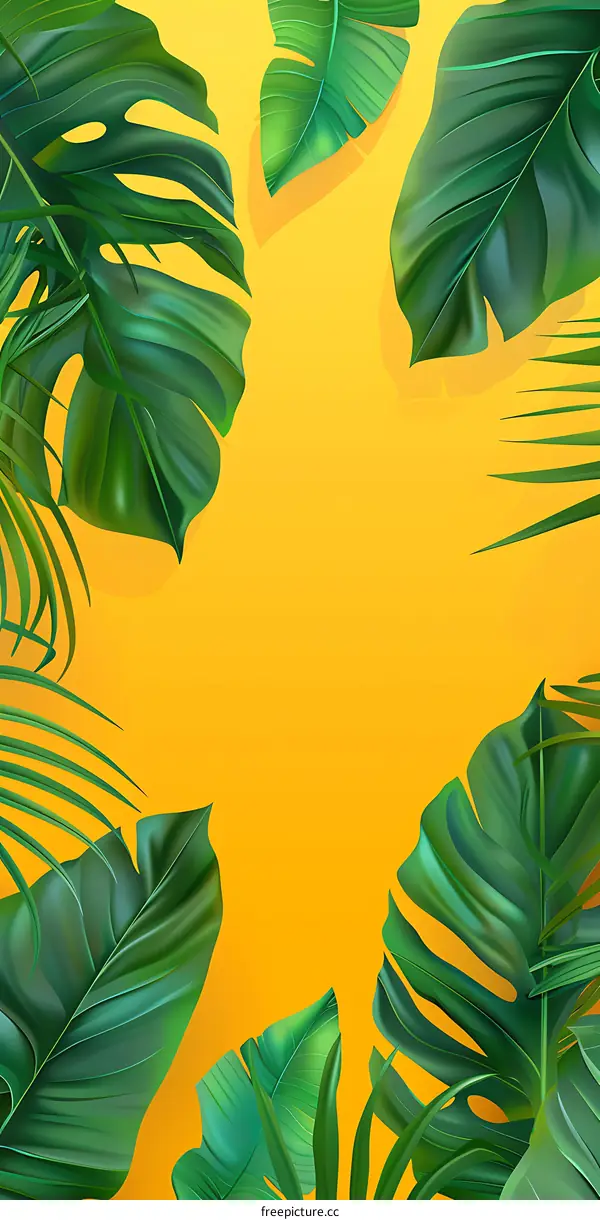 Tropical Leaves on Yellow Background