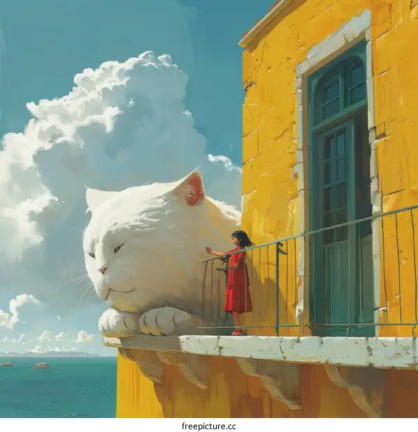 Young Woman Playing with Her Giant Cat on a Mediterranean Balcony