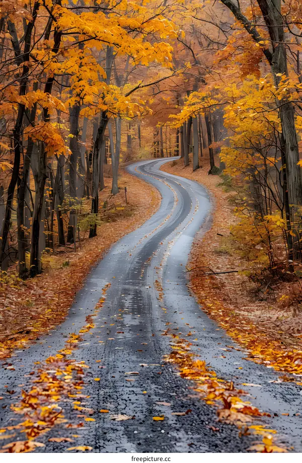 Winding road through the autumn forest