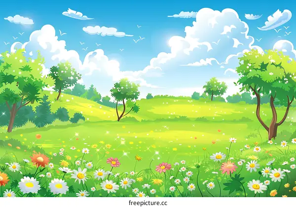 Spring Meadow with Blooming Flowers and Green Trees