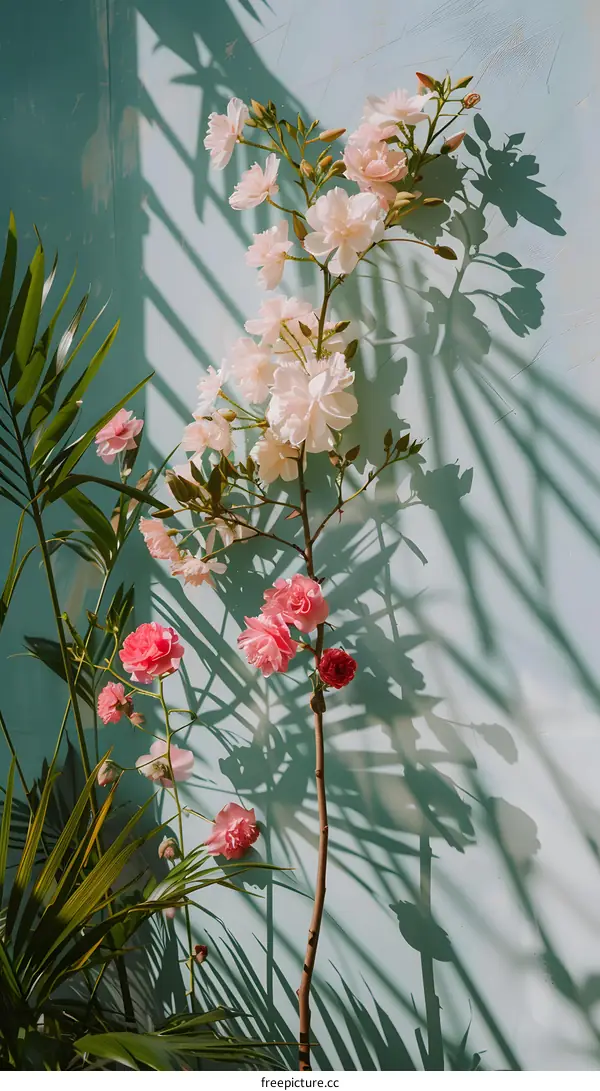 Pink Flowers and Green Leaves Against a Blue Wall
