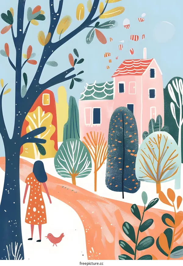 Woman Walking with a Bird in a Colorful Village