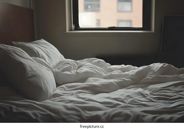 Unmade Bed with White Sheets and Pillows in a Bedroom