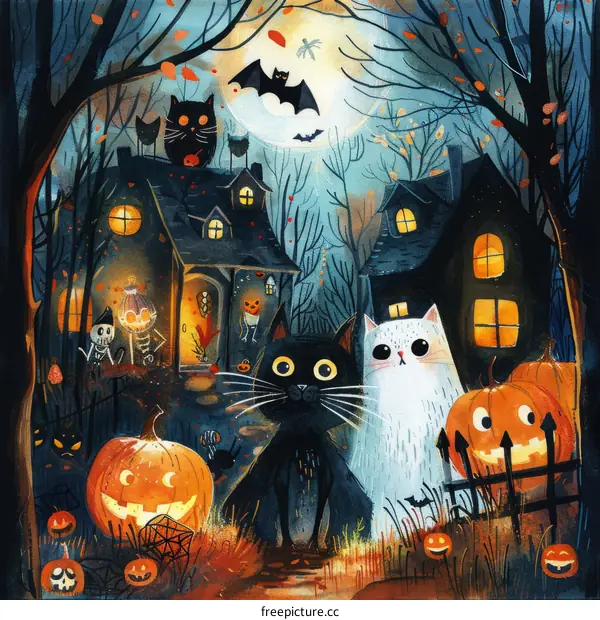 Spooky Halloween Village with Two Cats