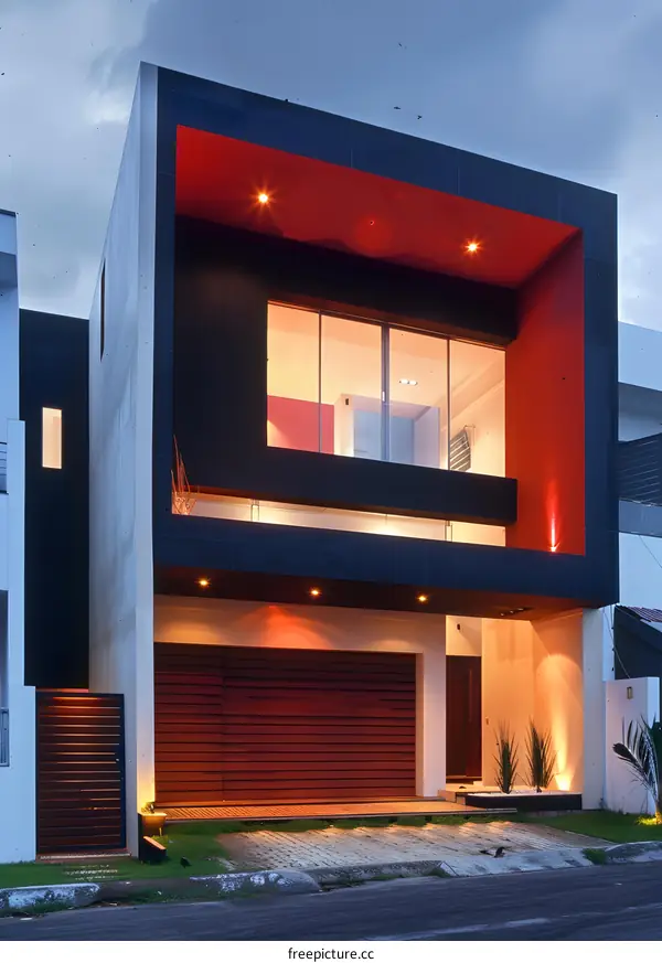 Modern House with Red Accents and Glass Windows
