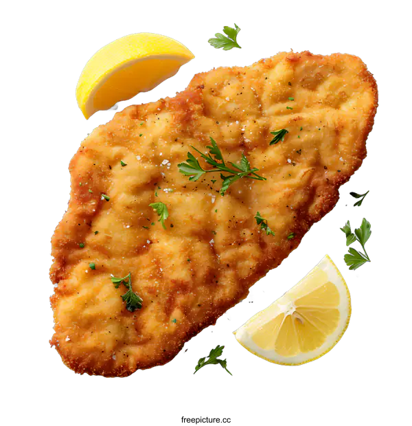 [Transparent Background PNG]Crispy Breaded Pork Schnitzel with Lemon Wedges and Parsley