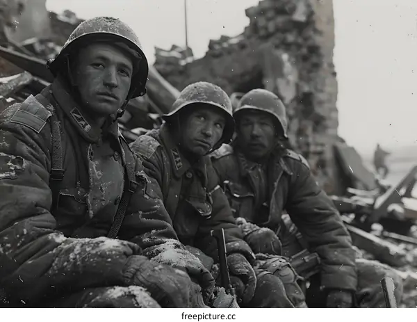 Three Soviet soldiers in Stalingrad, 1942.