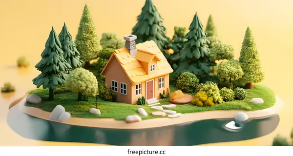 3D Rendered Miniature House with Trees on an Island