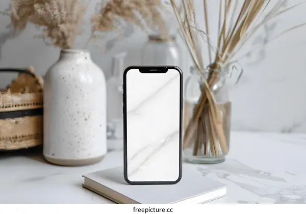 Mockup of Smartphone with White Background and Minimalist Decoration