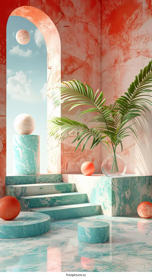 3D rendering of a surreal interior space with a large window, plants, and geometric shapes.