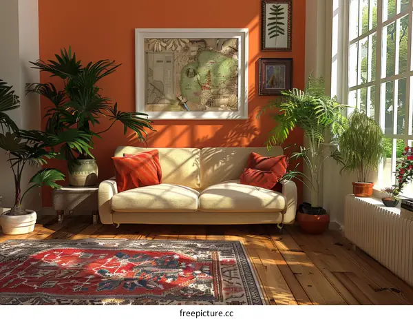 Cozy Living Room with Warm Hues and Lush Plants
