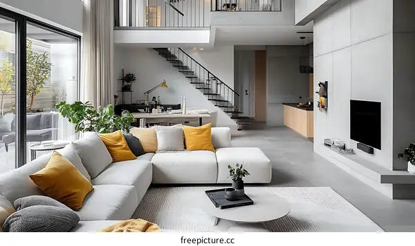 Modern Living Room Interior Design with Concrete Walls