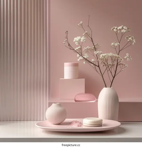 Pink Monochromatic Still Life with Flowers and Beauty Products