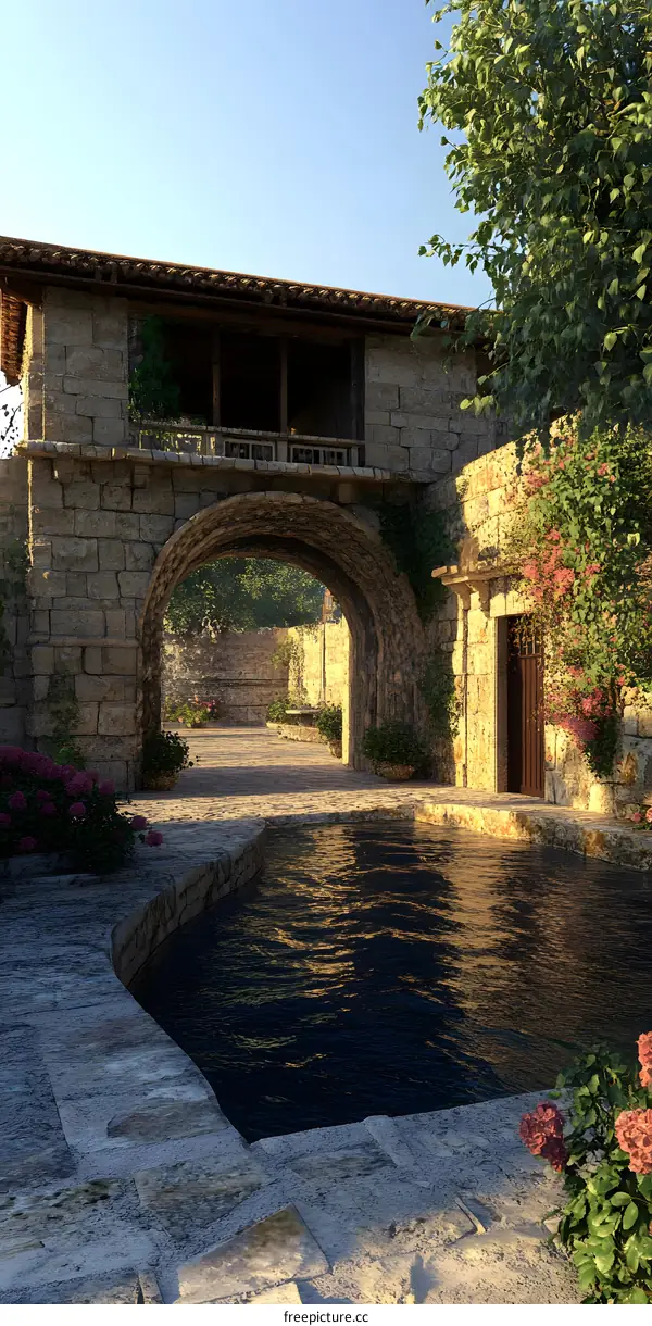 Stone Archway and Small Pool in a Garden