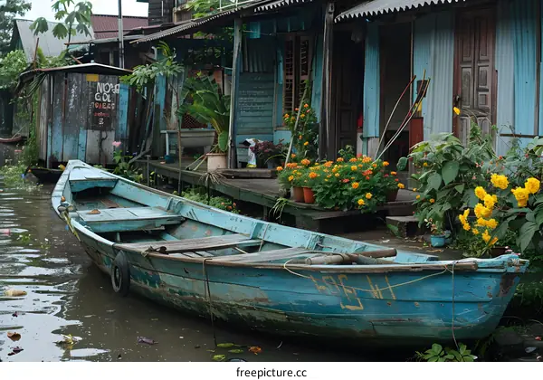 A wooden boat sits in a flooded street in front of a house on stilts in a developing country