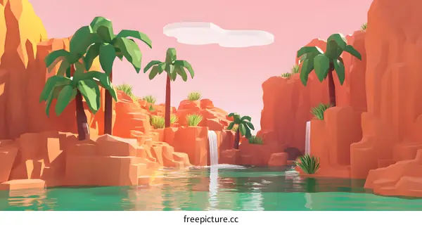Low Poly Desert Oasis with Palm Trees