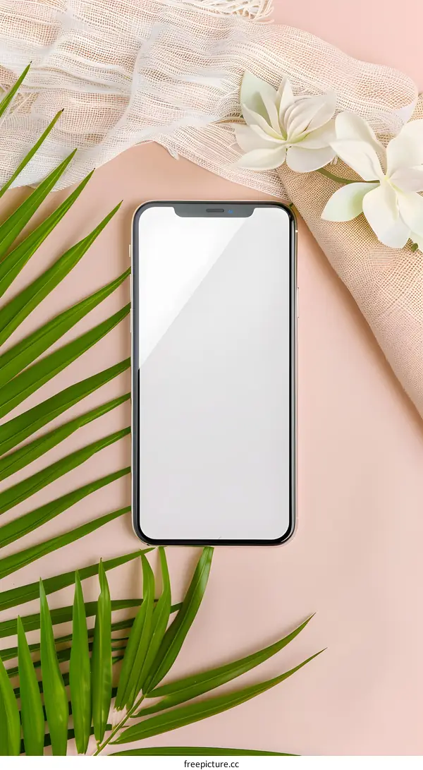 Modern  Smartphone With Blank Screen  On Pastel Background With Tropical Leaves